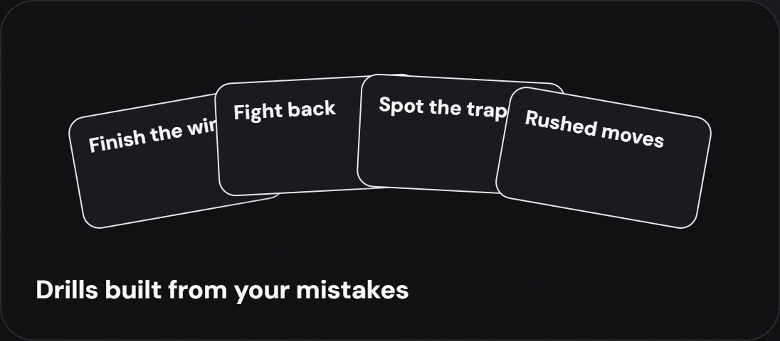 The four practice modes: Finish the win, Fight back, Spot the trap, and Rushed moves
