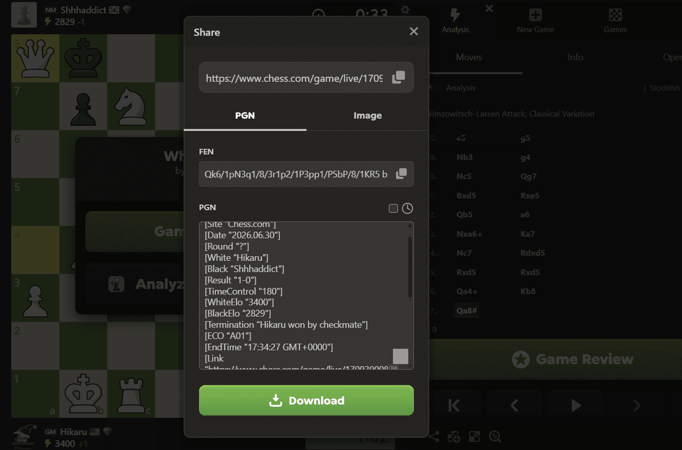The share dialog on Chess.com with the PGN export tab open