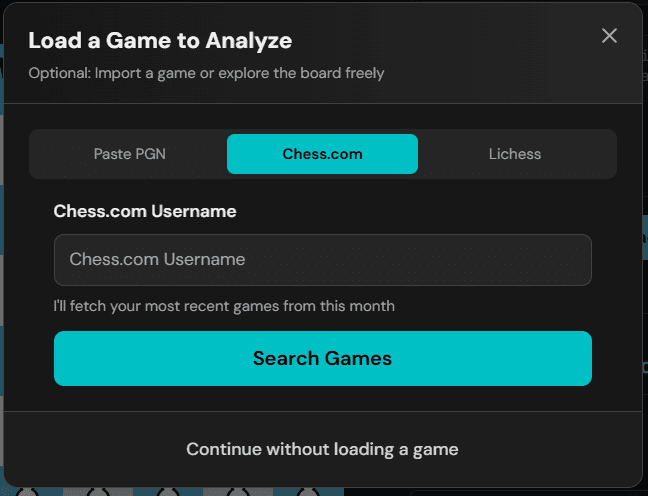 The Chess It Up analyzer with the Chess.com import option