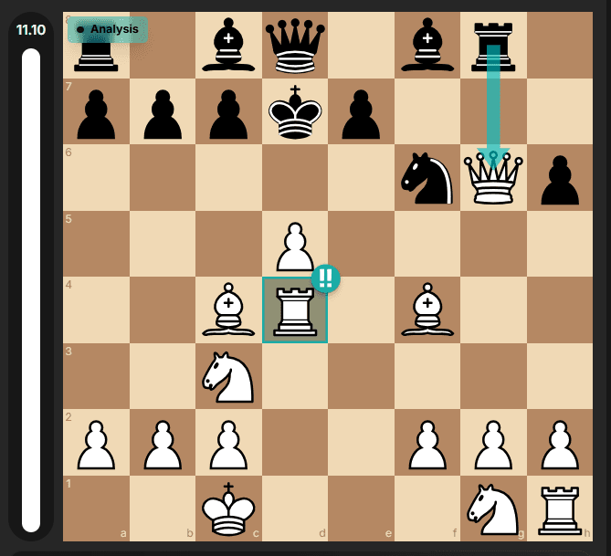 A move graded Brilliant in the Chess It Up analyzer, with the sacrificed piece highlighted on the board