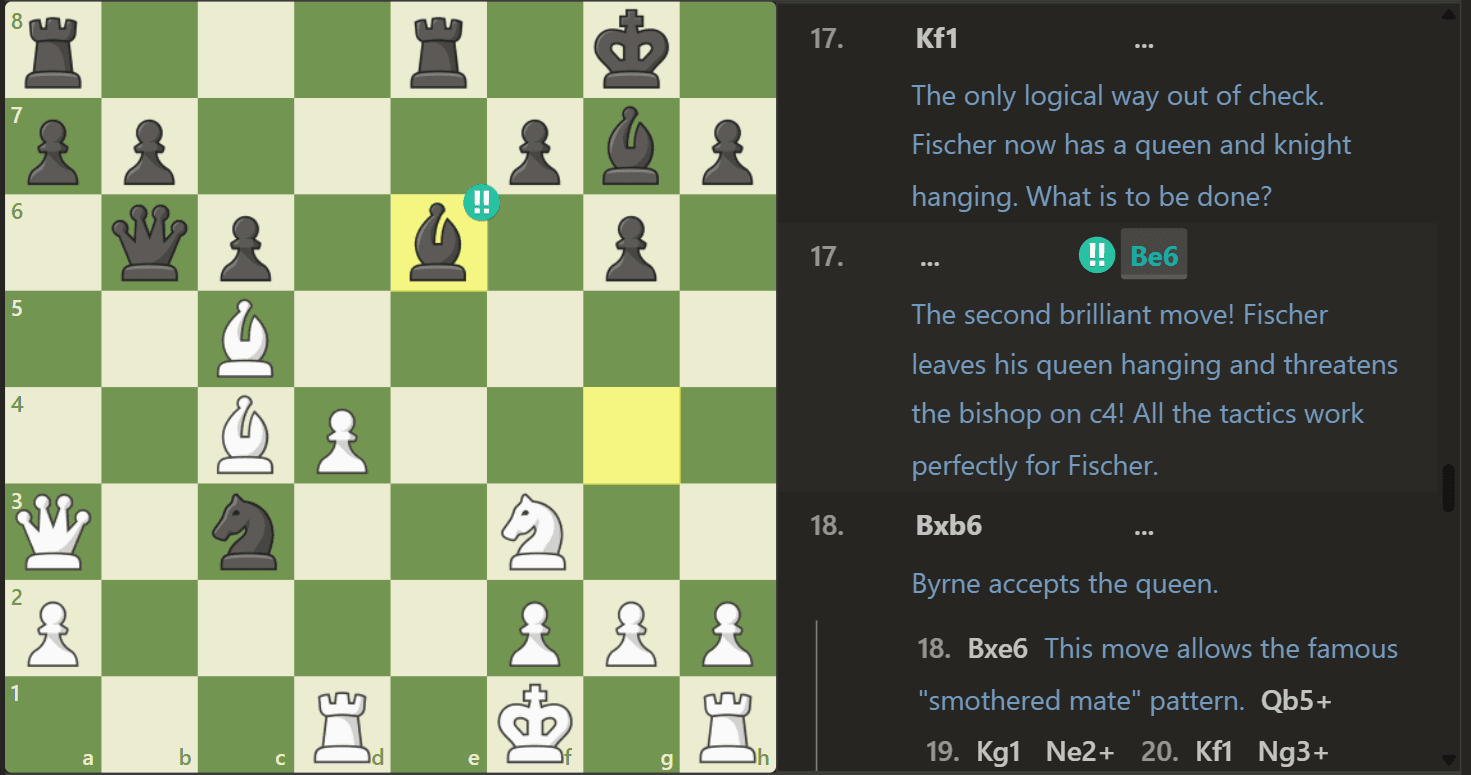 The position after Fischer's 17...Be6 against Donald Byrne, offering the queen on b6